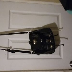 Black Genuine Leather Purse with Leather Pull Strings & Metal Hearts